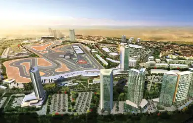 A masterplan rendering of Dubai South with modern buildings and infrastructure.